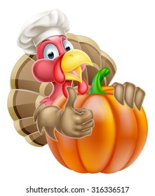 Thanksgiving cartoon turkey bird giving a thumbs up and wearing chef hat behind a pumpkin