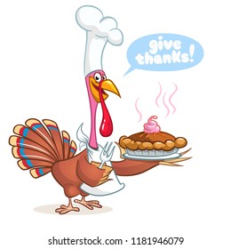 Thanksgiving Cartoon Turkey bird holding fork and pie. Vector illustration of funny turkey character clipart