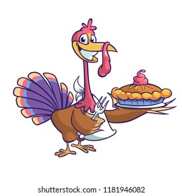 Thanksgiving Cartoon Turkey bird holding fork and pie isolated. Vector illustration of funny turkey character clipart