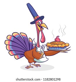 Thanksgiving Cartoon Turkey bird holding fork and pie isolated. Vector illustration of funny turkey character wearing pilgrim hat