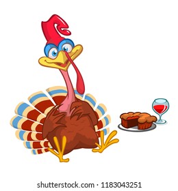 Thanksgiving Cartoon Turkey bird with a pie and wine. Vector illustration of funny turkey character clipart