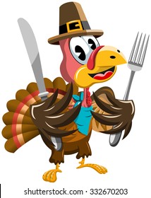 Thanksgiving Cartoon Turkey holding fork and knife isolated