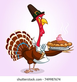 Thanksgiving Cartoon Turkey holding fork and pie and wearing pilgrims hat and apron. Vector illustration of funny turkey isolated and outlined