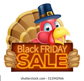 A Thanksgiving cartoon turkey with pilgrims hat holding a Black Friday Sale sign 