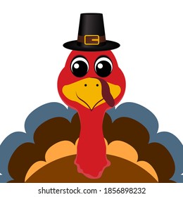 Thanksgiving cartoon turkey stands on a white background. Vector illustration for the holiday