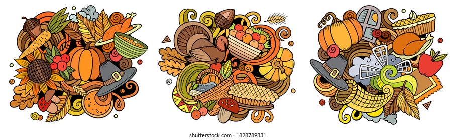 Diseños de doodles vectores de caricatura de Acción de Gracias. Coloridas composiciones detalladas con muchos objetos y símbolos de vacaciones. Isolación en ilustraciones blancas