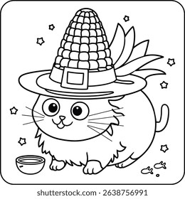Thanksgiving Cat with Corn Hat Coloring Page