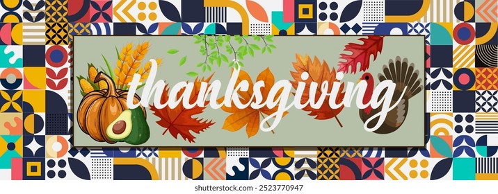 Thanksgiving Celebration Banner with Autumn Elements and Turkey.Colorful Thanksgiving banner featuring autumn leaves, pumpkins, turkey, and vibrant geometric patterns celebrating the harvest season.