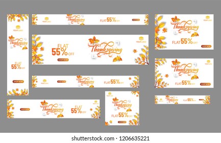 Thanksgiving celebration banner or poster set with 55% discount offer and autumn leaves decorated on white background.