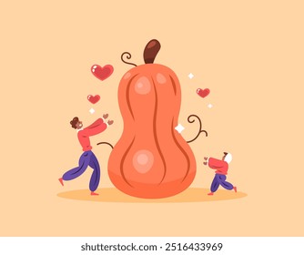thanksgiving celebration concept. celebrating and enjoying autumn with big pumpkins. illustration of a father and son happy with a giant pumpkin. harvest. people and pumpkin festival. flat style 
