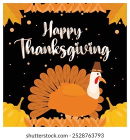 Thanksgiving celebration with cute turkey. Autumn leaves and pumpkins in the background. Thanksgiving concept. Flat vector illustration.