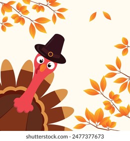 Thanksgiving Celebration Design with Cartoon Turkey and Autumn Leaves