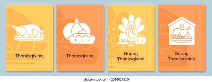 Thanksgiving celebration greeting cards with glyph icon element set. Creative simple postcard vector design. Decorative invitation with minimal illustration. Creative banner with celebratory text