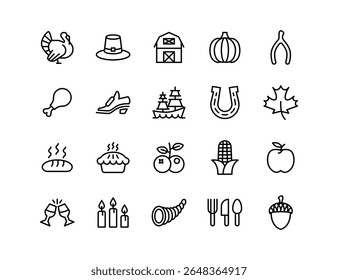 Thanksgiving celebration holiday icon set, adjustable line weight icons, turkey, festivities, pilgrim, autumn, american, corn, symbol, stroke, outline, vector, design, graphic
