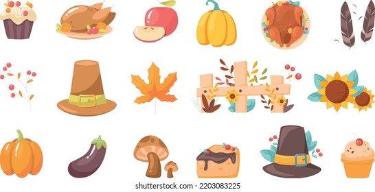 Thanksgiving Celebration Items. Harvest Festival set in cartoon style on the theme of the traditional family holiday