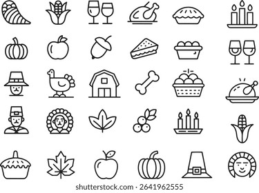 Thanksgiving Celebration Line Icons Set. Holiday, Feast, Turkey, Autumn. Editable Stroke. Vector Illustration	