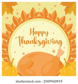 Thanksgiving celebration on a yellow background. Roast turkey and pumpkin, traditional food at Thanksgiving. Thanksgiving concept. Flat vector illustration.