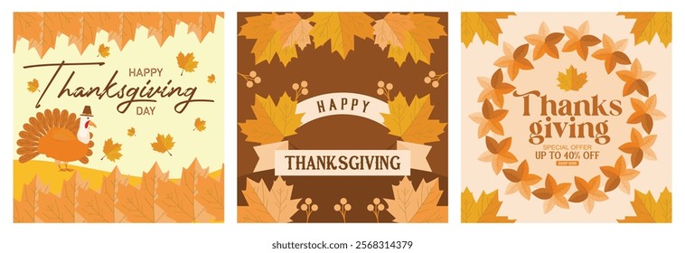 Thanksgiving celebration. Ribbon with the words Happy Thanksgiving. Autumn leaves background. Thanksgiving concept. Set flat vector illustration.