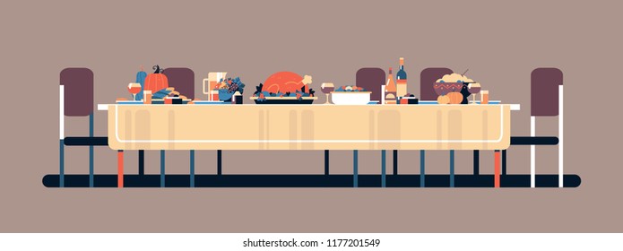 Thanksgiving celebration traditional dinner table tasty food pumpkin turkey drinks setting concept nobody horizontal banner flat vector illustration