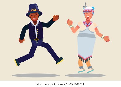 Thanksgiving characters - A farm boy jumping together with a girl. This character illustration can use as a sticker also.