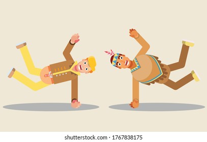 Thanksgiving characters - Funny men dancing together. This character illustration can use as a sticker also.