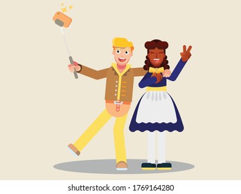Thanksgiving characters - Happy couple take a selfie together. This character illustration can use as a sticker also.