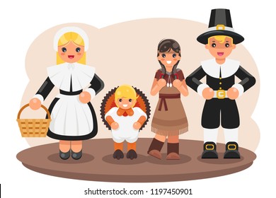 Thanksgiving children turkey pilgrim indian costumes flat cartoon design vector illustration