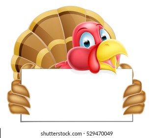 A Thanksgiving or Christmas cartoon turkey holding a sign