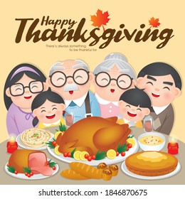 Thanksgiving & Christmas dinner greeting card with happy family reunion to celebrating Thanksgiving day and enjoy the turkey and other festival meal.