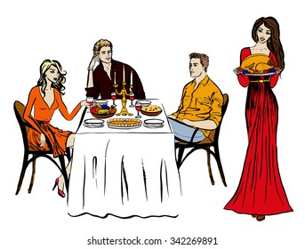 Thanksgiving or Christmas dinner and woman with turkey. Hand drawn ink sketch isolated on white
