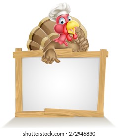 Thanksgiving or Christmas sign with cartoon turkey bird wearing a chef or cook hat