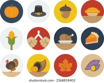 Thanksgiving circle badge icon set with autumn related icons