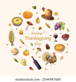 Thanksgiving circular sticker with autumn elements including food, vegetables, wine, turkey, and leaves, perfect for festive designs.
