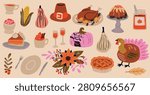 Thanksgiving clipart mega set with 20+ harvest elements including turkey, roasted turkey, pumpkin pie, cupcakes, cranberry, corn, pilgrim hat, drinks and pumpkins. Perfect for stickers, invitations, DIY and seasonal crafts. 100% hand drawn vector file.