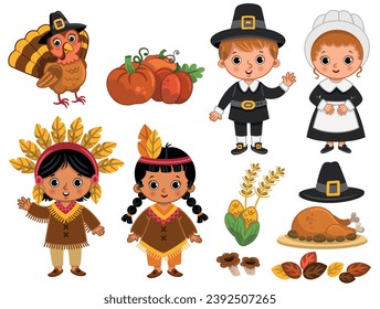 Thanksgiving clipart set with natives and pilgrims, turkey, autumn pumpkins, leaves and items for fall. Vector illustration.
