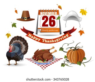 Thanksgiving clip-art set. Vector Thanksgiving symbols and greeting inscription. Isolated over white.
