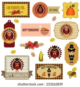 Thanksgiving clip-art set. Vector tags, labels and badges with Thanksgiving symbols. Isolated over white.  Eps 10