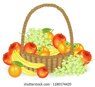 Thanksgiving. Collected a generous harvest. In the basket are apples, bananas, grapes, persimmons and oranges. Fresh beautiful fruits. Vector illustration.