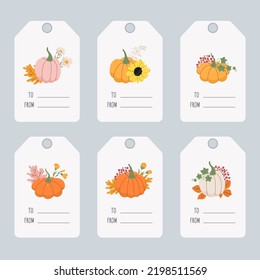 Thanksgiving collection of tags with pumpkins and leaves Isolated. Perfect for Fall harvest festival or Thanksgiving day. Vector illustration.