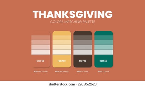 Thanksgiving color scheme. Color Trends combinations and palette guide. Example of table color shades in RGB and HEX. Color swatch for fashion, home, interiors design 2022. Colour chart idea vector.