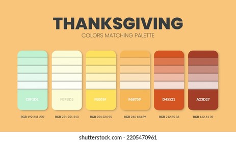 Thanksgiving color scheme. Color Trends combinations and palette guide. Example of table color shades in RGB and HEX. Color swatch for fashion, home, interiors design 2022. Colour chart idea vector.