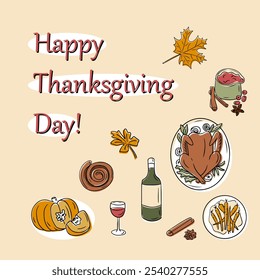 Thanksgiving colorful doodles greeting banner or card with traditional autumn holiday food, including roasted turkey, cranberry sauce, pumpkins and text Happy Thanksgiving Day. Vector hand drawn card