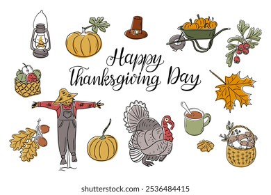 Thanksgiving colorful doodles set of traditional autumn items, including turkey bird, pumpkins, scarecrow and calligraphy typography. Vector hand drawn greeting card isolated on white background