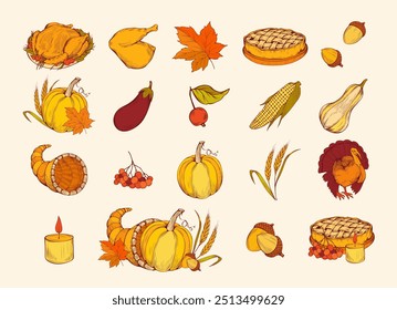 Thanksgiving Colorful Hand-Drawn Icons Set. Traditional Autumn Holiday Celebration Illustrated Symbols. Fall Season Harvest, Natural Vegetables. Turkey, Pumpkin, Apple Pie Flat Cartoon Vector Drawings