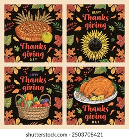 Thanksgiving colorful set posters with pumpkin pie and appetizing roast turkey prepared for family celebration vector illustration