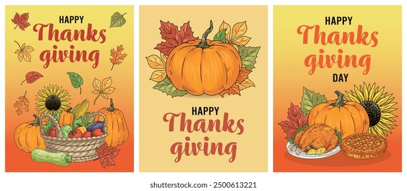 Thanksgiving colorful set stickers for advertising festival in honor of harvest day on second monday of october vector illustration