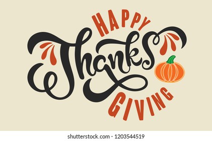 Thanksgiving colorful typography lettering poster. Celebration quote on violet background for postcard, icon, logo, badge. Autumn celebration vector calligraphy text with pumpkin.