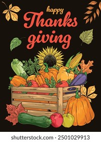 Thanksgiving colorful vintage flyer with box filled with autumn harvest and petals fallen from trees vector illustration