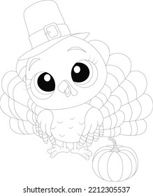 Thanksgiving Coloring Page for kids drawing. Turkey coloring page for kdp. Black and white vector illustration.