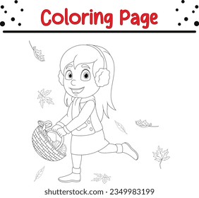 Thanksgiving coloring page. little girl with autumn leaves coloring book